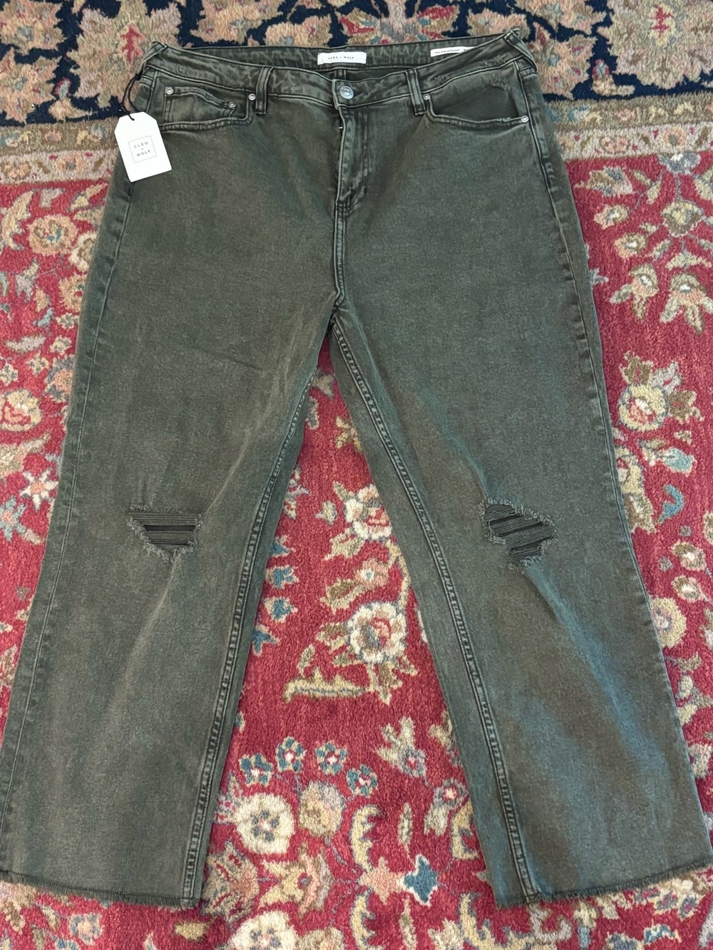 Olive Green Cleo + Wolf Distressed Straight-Leg Jeans